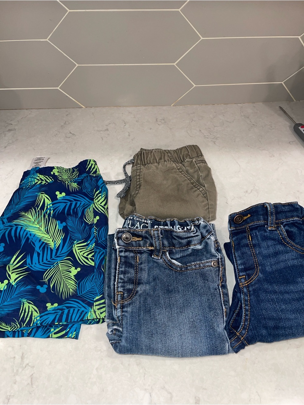 Children's Bulk 2T Disney Swim Trunks, 2 Jeans and 1 Green Khaki.